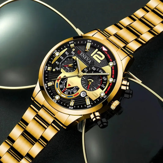 Luckacco 4Pcs/set Luxury Men Business Quartz Watch stainless steel Roman Calendar Wrist Watch Cross Necklace Bracelet Ring Set Men's Gift