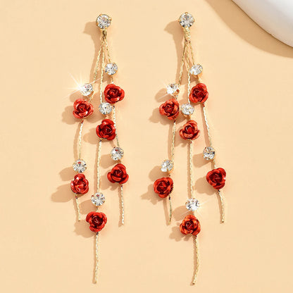 Luckacco 2pcs retro style long style diamond inlaid rose earrings for women's daily dating accessories