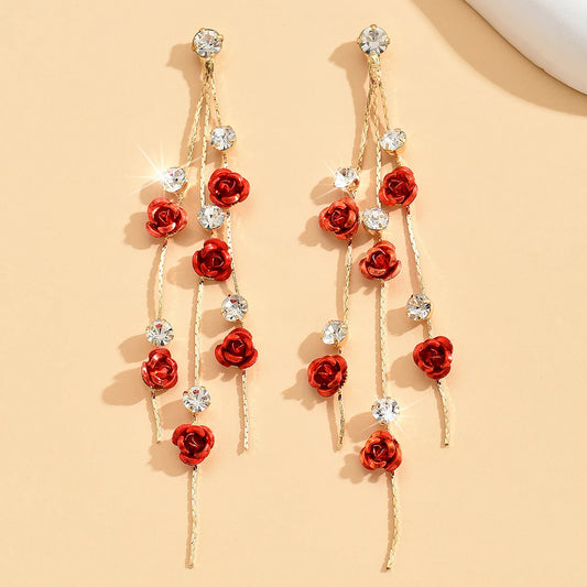Luckacco 2pcs retro style long style diamond inlaid rose earrings for women's daily dating accessories