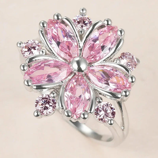 Luckacco New Women Geometric Flower Ring Female Light Luxury Charm Crystal Stone Cherry Blossom Ring Jewelry Bagye Acier Inoxydable Femme