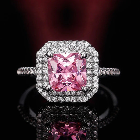 Luckacco Style Pink Sparkling Zircon Princess Square Engagement Ring for Ladies and Girlfriends Luxury Proposal  Gift Fashion Jewelry