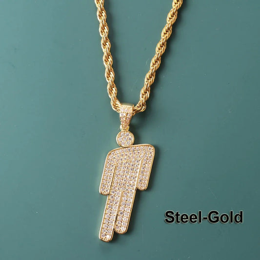 Luckacco Hip Hop Necklace,Stainless Steel Round Head Zircon Couple Pendant Necklace,Skew Head Pendant Full of Zircon Chaoren Necklace