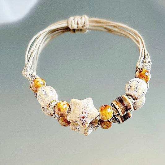 Luckacco Kaseakia Handmade Vintage Ceramic Stone Beads Wax Cord Adjustable Beaded Bracelets Bohemian Boho Jewelry for Women