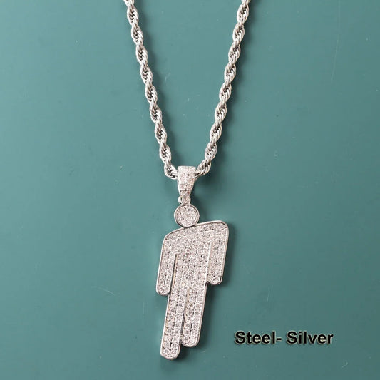Luckacco Hip Hop Necklace,Stainless Steel Round Head Zircon Couple Pendant Necklace,Skew Head Pendant Full of Zircon Chaoren Necklace