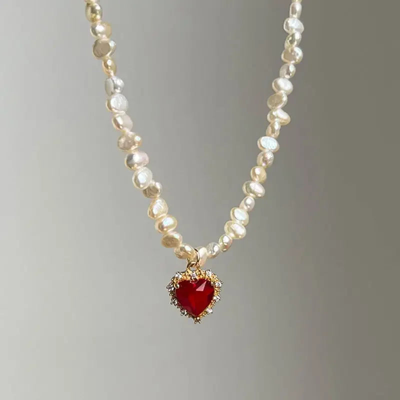 luckacco hot sale irregular freshwater pearl red cz zircon heart pendant necklaces for women 14k real gold plated copper choker