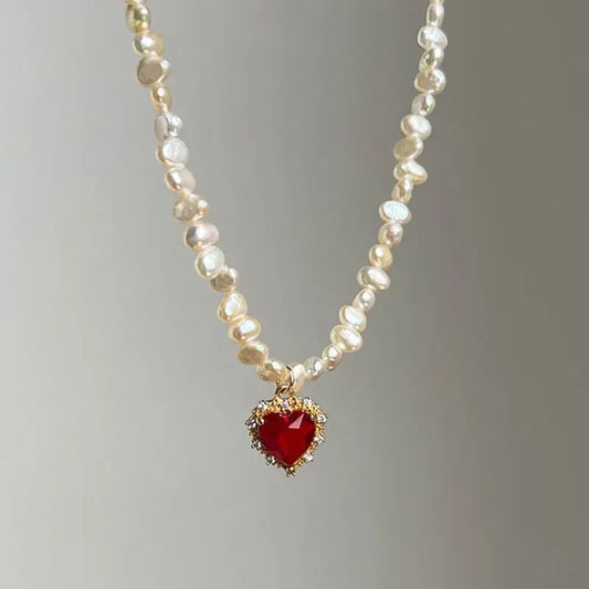Luckacco Hot Sale Irregular Freshwater Pearl Red CZ Zircon Heart Pendant Necklaces for Women 14K Real Gold Plated Copper Choker