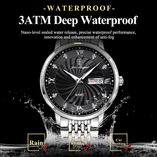 Luckacco POEDAGAR Luxury Brand Man Watch Waterproof Luminous Date Week Men's Quartz Wristwatch Stainless Steel Fashion Sports Men Watches