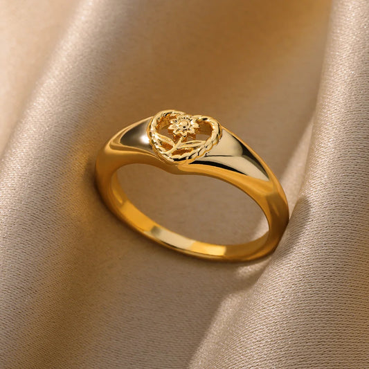 Luckacco Sunflower Heart Rings For Women Gold Color Stainless Steel Ring Female Engagement Wedding Party Finger Jewelry Gift 2024 Trend
