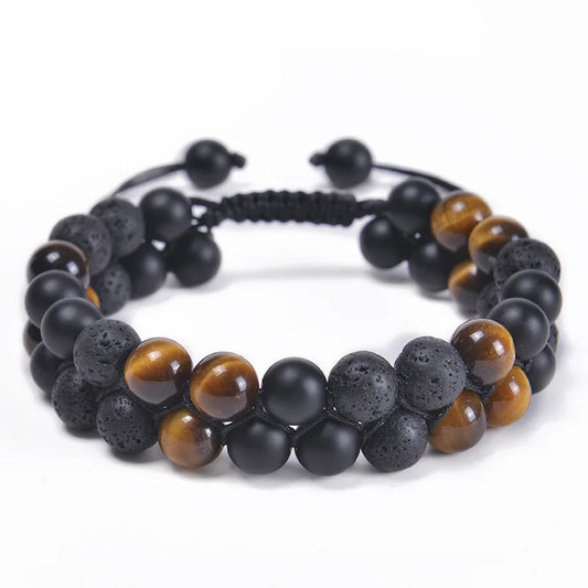 Luckacco 8MM Natural Tiger Eye Stone Adjustable Bracelet Double Layer Hand Woven  Row Strand Beaded Bangles Couple Party Jewelry