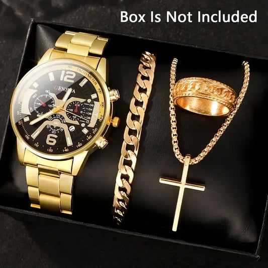 Luckacco 4Pcs/set Luxury Men Business Quartz Watch stainless steel Roman Calendar Wrist Watch Cross Necklace Bracelet Ring Set Men's Gift