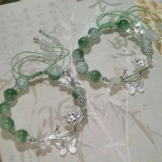 Luckacco Chinese Style Lotus Butterfly Beaded Bracelets for Women Fashion Green Bead Handmade Bracelets Exquisite Sweet Jewelry Gifts