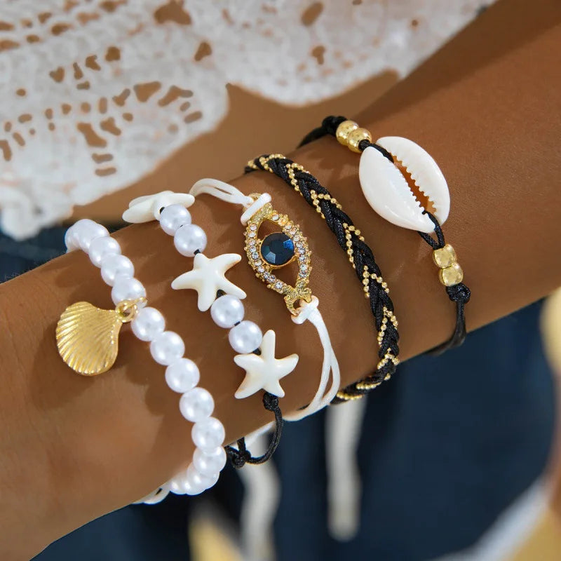 luckacco 5pcs bohemia shell starfish bracelet set for women imitation pearl evil eye multilayer beaded bangles sand beach party jewelry