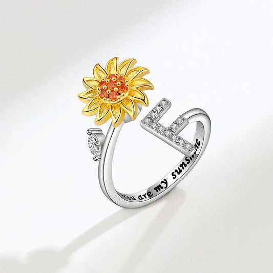 Luckacco Rotating Sunflower Initial Letter Rings For Women Anti Anxiety Spinner You Are My Sunshine Stainless Steel Ring Birthday Jewelry