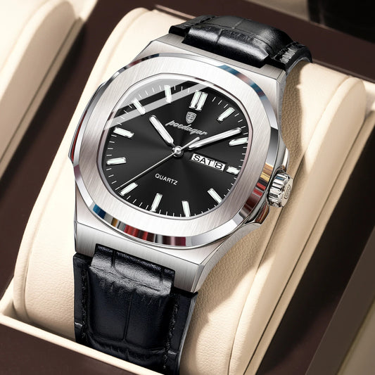 Luckacco POEDAGAR High Quality Watch For Men Luxury Luminous Waterproof Week Calendar Man Clock Leather Square Men's Quartz Watches Reloj