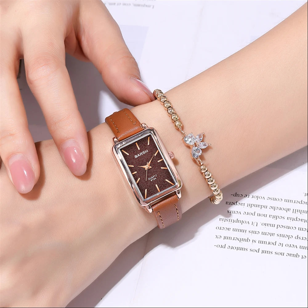luckacco fashion rectangle dial quartz women leather watch