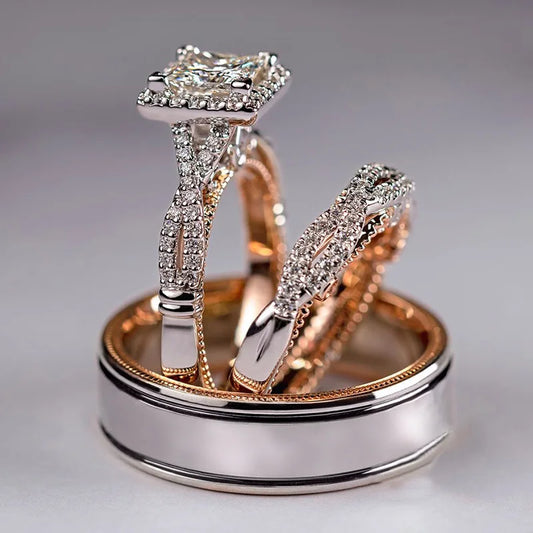 Luckacco 14K Gold Vintage 3-in-1 Promise Ring Set Lab Diamond Engagement Wedding Band Rings for Women Men Party Jewelry
