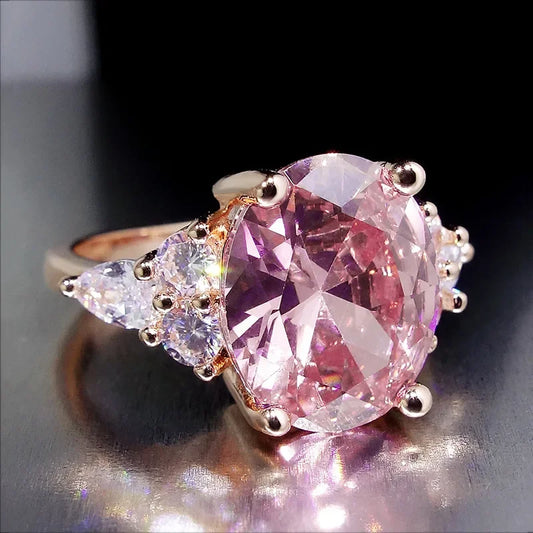 Luckacco Big Oval Stone Pink Zircon Ring Female Luxury Crystal Engagement Rings For Women Vintage Rose Gold Silver Color Wedding Jewelry