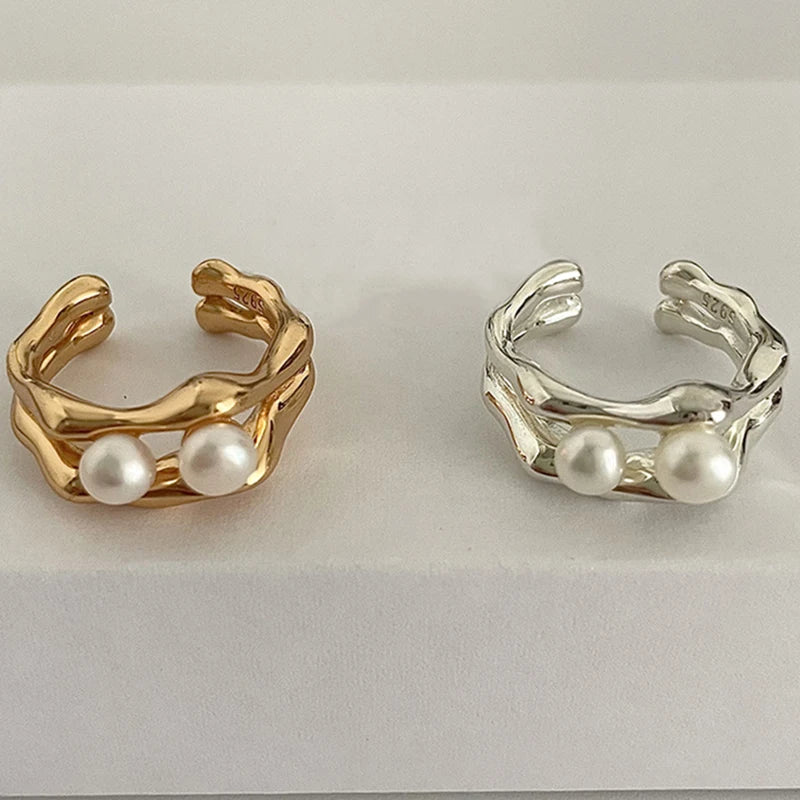 luckacco foxanry silver color pearl rings for women new fashion simple double-layered geometric handmade party jewelry gifts серьга