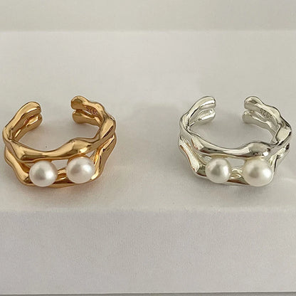 Luckacco Foxanry Silver Color Pearl Rings for Women New Fashion Simple Double-layered Geometric Handmade Party Jewelry Gifts серьга