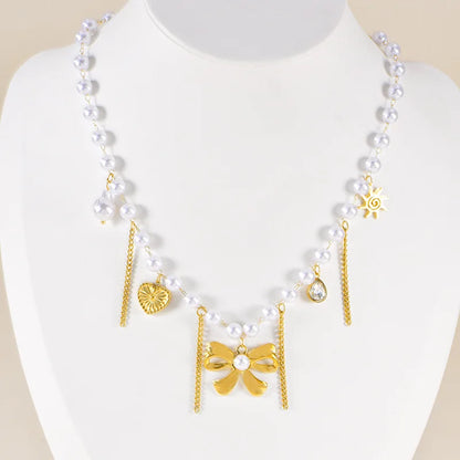 Luckacco Stainless Steel Handmade Pearl Chain Bowknot Pendant Necklace For Women New Trend Tassel Choker Jewelry Gift Birthday Party