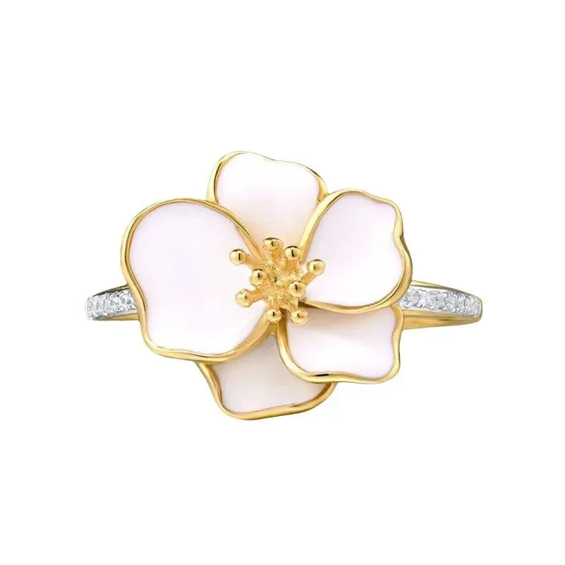 luckacco 2025 new rural style design: camellia ring with women's micro inlaid zircon flowers, fashionable and sweet jewelry accessories