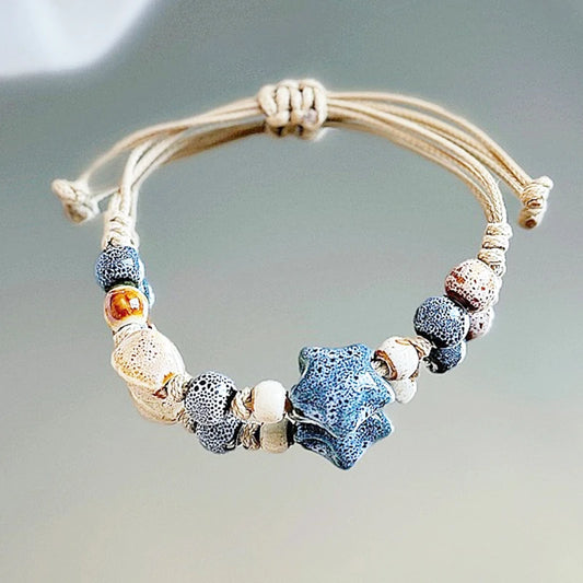 Luckacco Kaseakia Handmade Vintage Ceramic Stone Beads Wax Cord Adjustable Beaded Bracelets Bohemian Boho Jewelry for Women