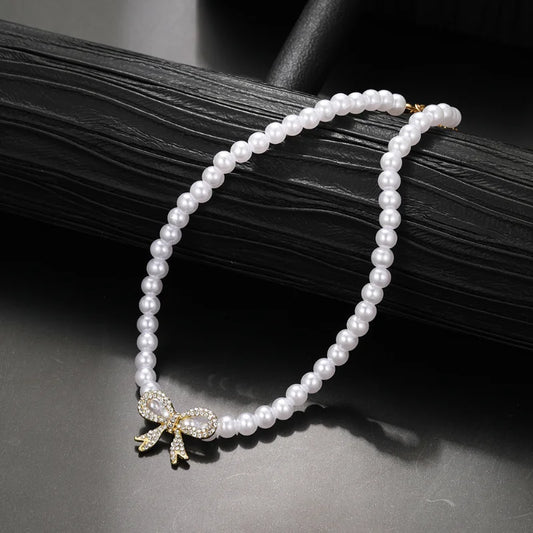 Luckacco Y2k Bowknot Pearl Necklace For Women Elegant Korean Style Rhinestone Heart Pendant Necklace Fashion Wedding Party Jewelry Gift
