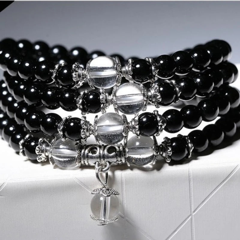 luckacco 108 rosary bracelet crystal stone for women's necklace bracelet imitation amethyst obsidian stone ethnic  buddhis prayer jewelry