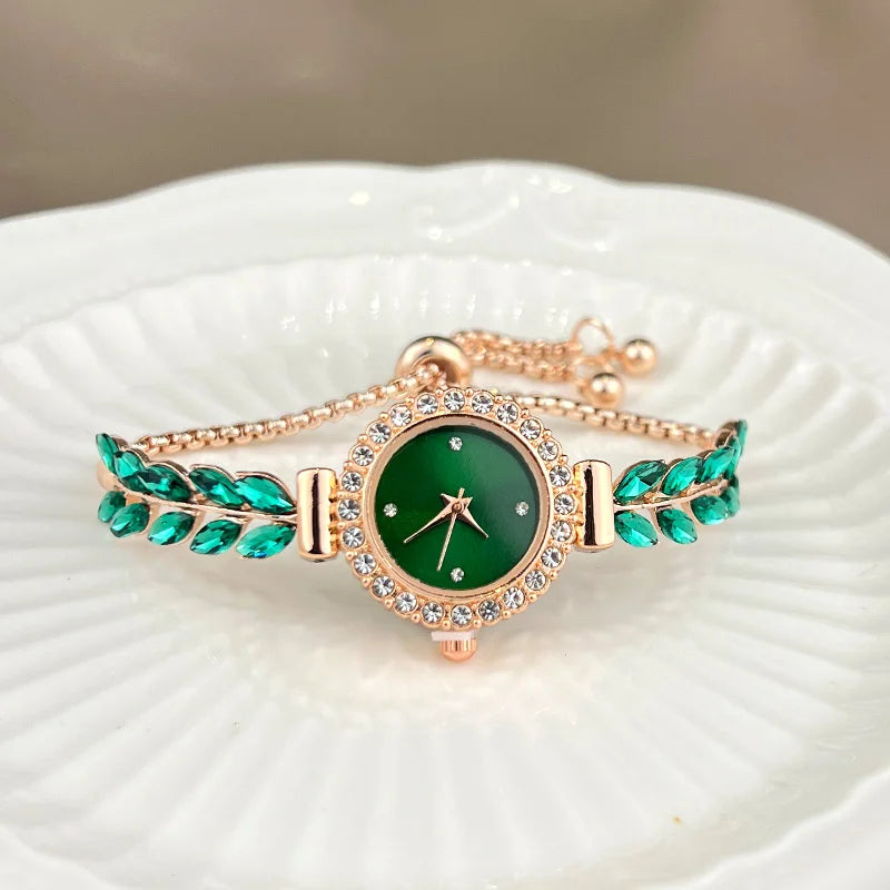 luckacco 2025 new fashion diamond-encrusted leaf round women's watch simple dial freely adjust cross-border gift watches
