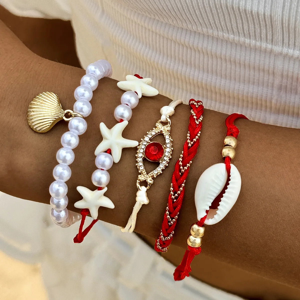 luckacco 5pcs bohemia shell starfish bracelet set for women imitation pearl evil eye multilayer beaded bangles sand beach party jewelry
