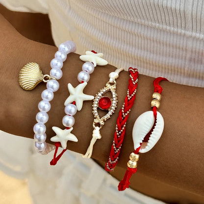 Luckacco 5Pcs Bohemia Shell Starfish Bracelet Set For Women Imitation Pearl Evil Eye Multilayer Beaded Bangles Sand Beach Party Jewelry