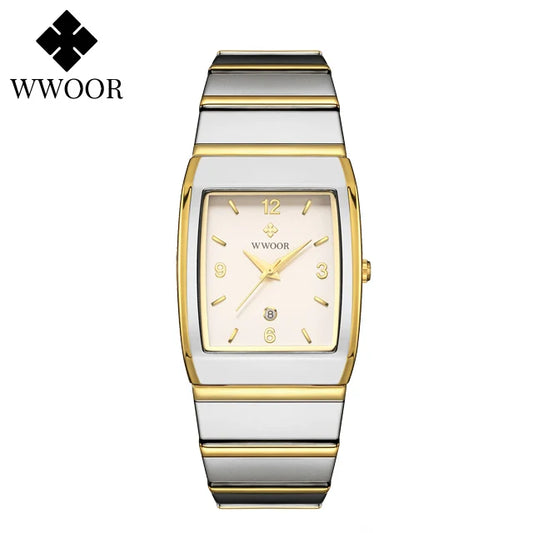 Luckacco Relogio Masculino WWOOR New Man's Square Watch For Men with Automatic Date Luxury Stainless Steel Gold Mens Quartz Wrist Watches