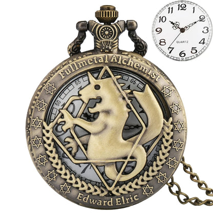 Luckacco Antique Fullmetal Alchemist Quartz Anime Pocket Watch Cosplay Edward Elric Clock Design Pendant Necklace Chain Vintage Chain