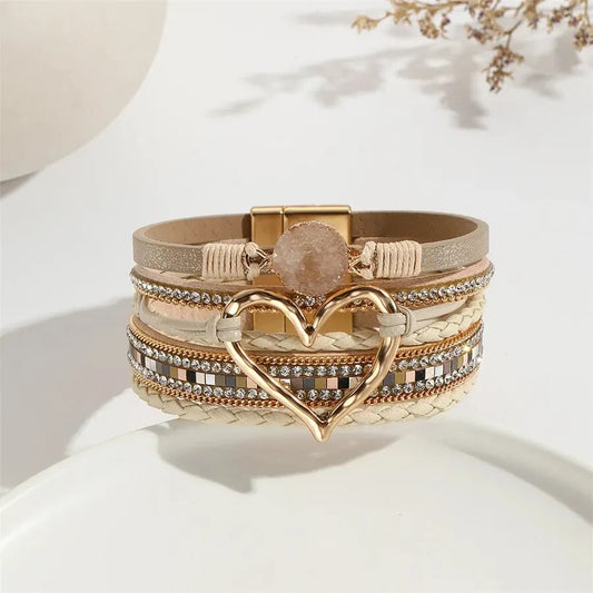 Luckacco New Metal Love Heart Charm Leather Bracelets for Women Fashion Bohemian Rhinestone Resin Wrap Bracelet Bangle Couple Jewelry