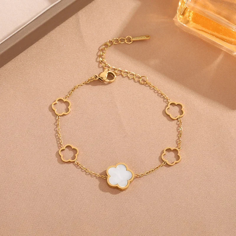 luckacco lucky cute colorful five-leaved flower stainless steel bracelets for women fashion light luxury paty jewelry gifts