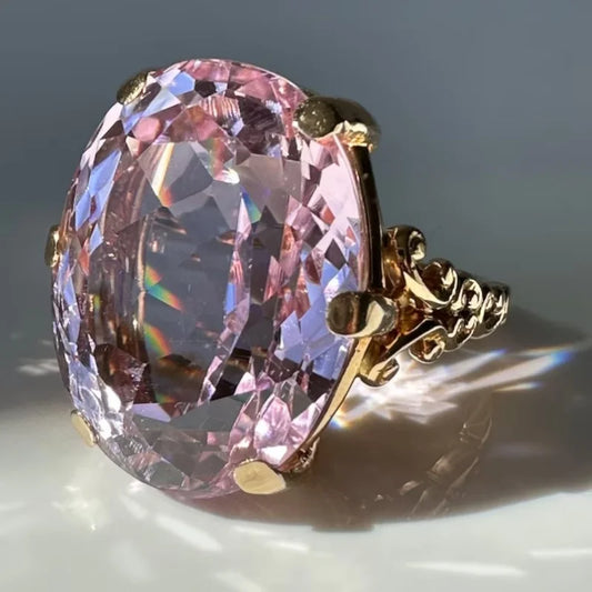 Luckacco 1 Fine Geometric Gorgeous Style Zirconia Metal Gold Color Pink Color Cocktail Ring Size 6-10