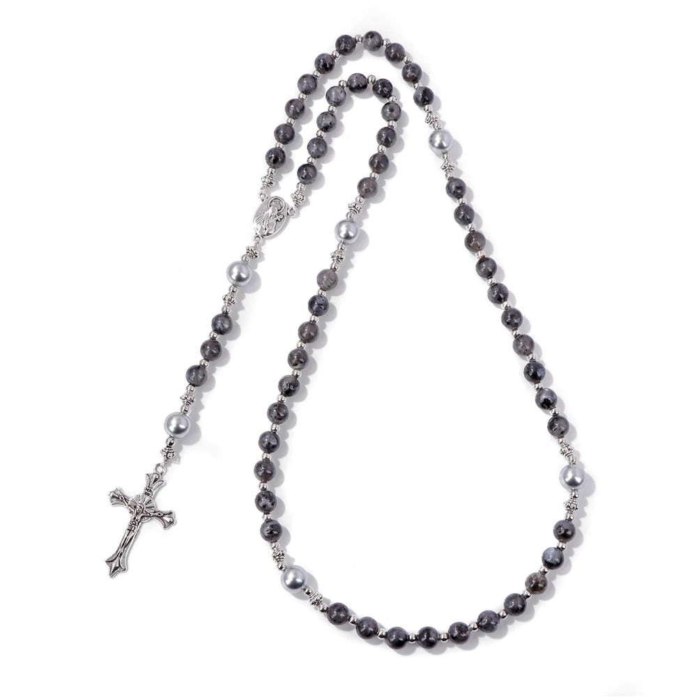 luckacco catholic jesus cross bracelet men religious prayer rosary bangle 50cm natural african turquoises lava gem stone bead bracelet