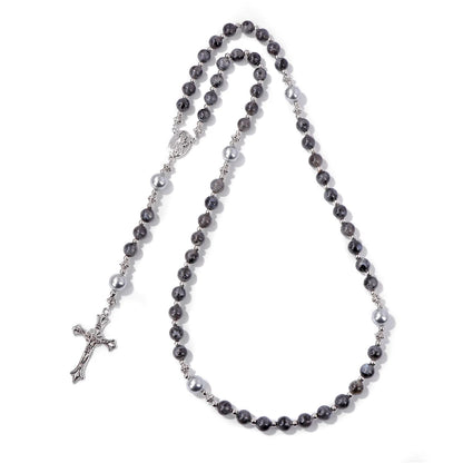Luckacco Catholic Jesus Cross Bracelet Men Religious Prayer Rosary Bangle 50CM Natural African Turquoises Lava Gem Stone Bead Bracelet
