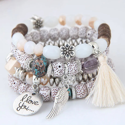 Luckacco elite Bohemian Multicolor Pink Crystal Beads Bracelets Women Girls Elastic Tassel Wing Letters Rope Bracelet Pulseira Feminina