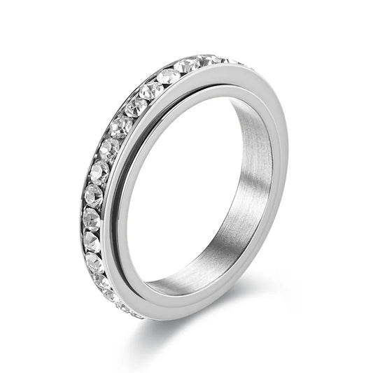 Luckacco Stainless Steel Cubic Zirconia Rotatable Chain Couple Rings Anti Stress Anxiety Fidget Spinner Ring Wedding Band Knuckle Jewelry