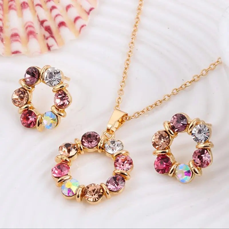 luckacco 3pcs gold necklace earrings set ladies celebrity simple fashion style exquisite stained glass diamond circle shape jewelry