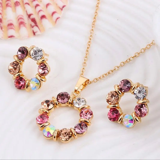 Luckacco 3pcs Gold Necklace Earrings Set Ladies Celebrity Simple Fashion Style Exquisite Stained Glass Diamond Circle Shape Jewelry