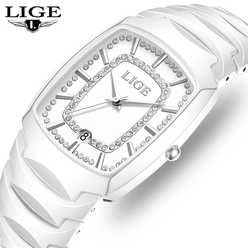 luckacco lige 2025 top elegant women's watch waterproof fashion ladies clock creative ceramic strap watch for women gift relogio feminino