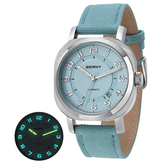 Luckacco BERNY Mechanical Watch for Women Self-wind Pillow Cushion Sapphire Super Luminous Wristwatch Canvas Calendar Watch for Ladies