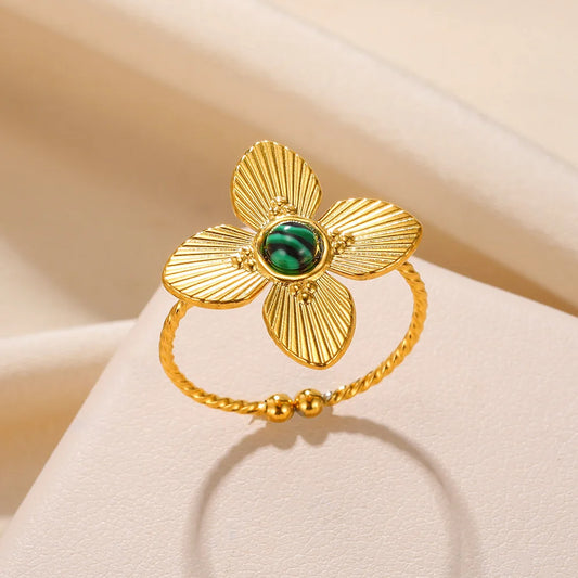 Luckacco Stainless Steel Rings Natural Stone Lucky Jewelry Round Sun Vintage Gold Color Ring For Women Anniversary Gift New Female Male