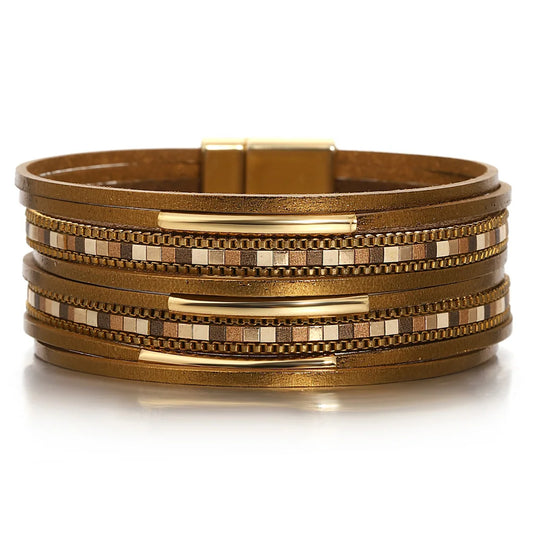 Luckacco ALLYES Trendy Colorful Square Leather Bracelet for Women Men Boho Metal Tube Multilayer Wrap Wide Bracelets Charm Party Jewelry