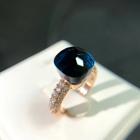 Luckacco Hot Candy Square Ring Inlay Zircon Colorful Crystal Ring For Women Party Fashion Jewelry Gold Plated Blue Topaz Ring Gift