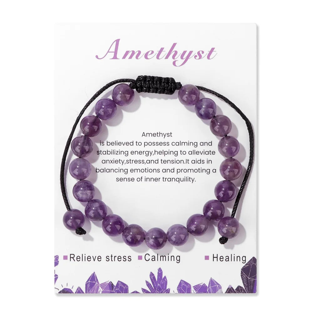 luckacco adjustable healing amethysts bracelets for women men natural stone 8mm beads braided bracelet stress relief anxiety jewelry
