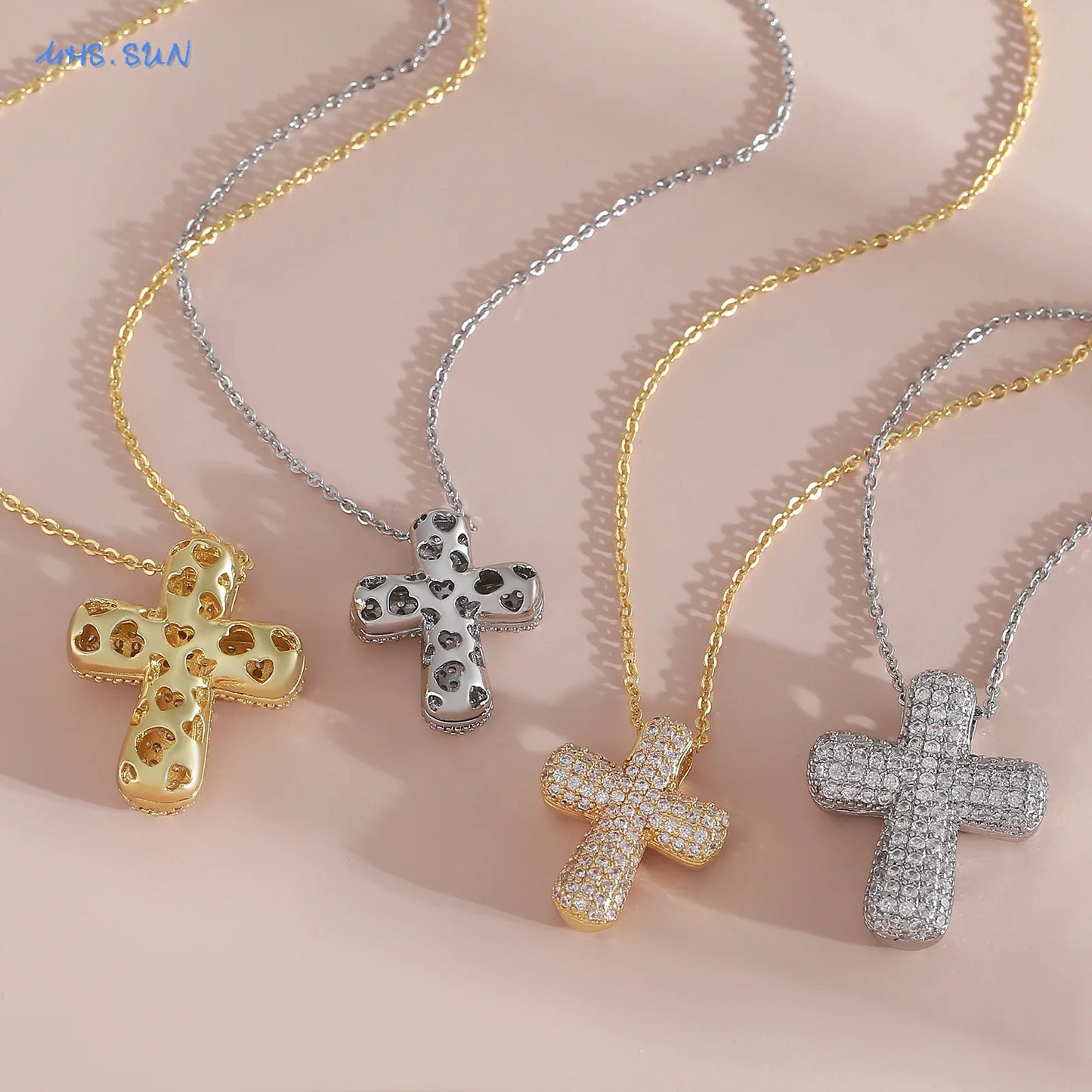 luckacco sunsll classic chunky full cubic zircon cross pendant necklaces for women men gold/silver color catholicism religious jewelry