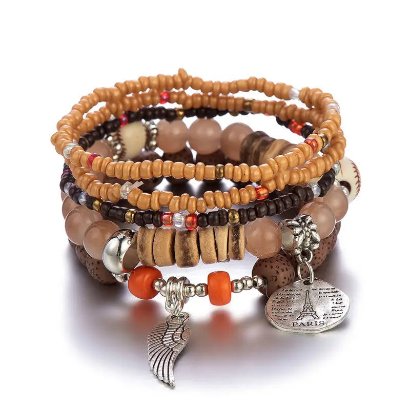 luckacco 4 pieces/set bohemian crystal tassel multi-layer elastic rope bracelet, handmade beaded bracelet, women's fashion accessories